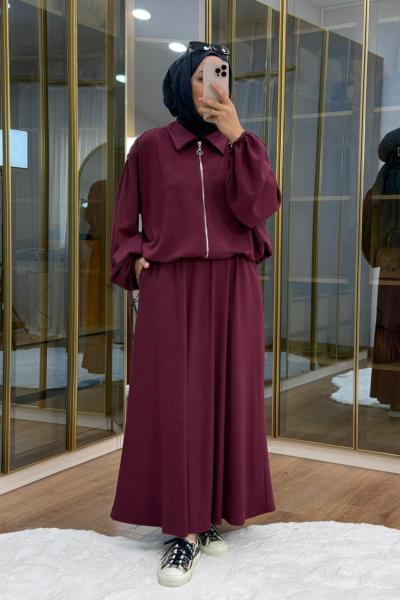 Omuzu Büzgülü Ceket Etek Takım Mürdüm