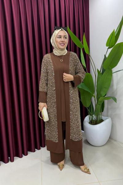 Payetli Hırkalı Takım Kahverengi
