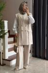 Püskül Detay Yelek Takım Bej