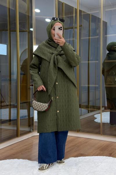 Şal Detaylı Kapitone Mont Haki