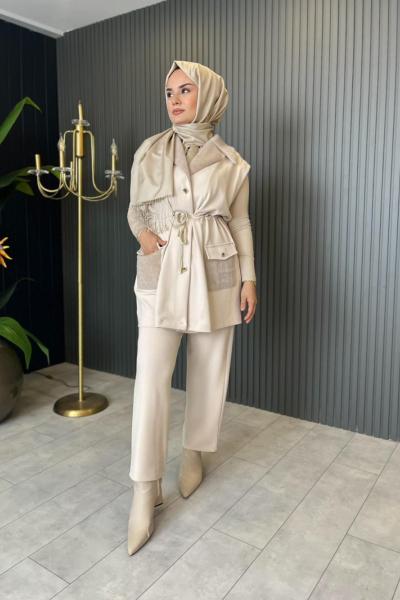 Angora Detaylı Yelekli Takım