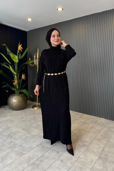 Balıkçı Yaka Kemer Aksesuarlı Triko Elbise