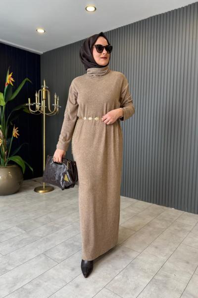 Balıkçı Yaka Kemer Aksesuarlı Triko Elbise