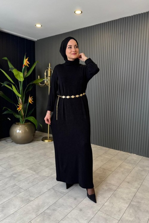 Balıkçı Yaka Kemer Aksesuarlı Triko Elbise