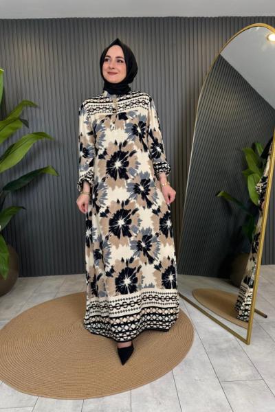 Batik Desenli Cepli Viskon Elbise