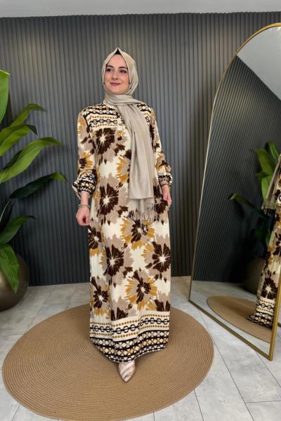 Batik Desenli Cepli Viskon Elbise