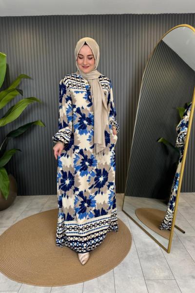 Batik Desenli Cepli Viskon Elbise