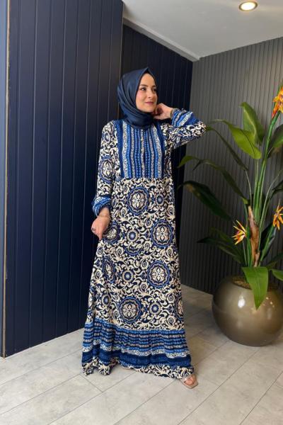 Batik Desen Yarım Düğmeli Fırfırlı Viskon Elbise