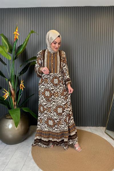 Batik Desen Yarım Düğmeli Fırfırlı Viskon Elbise