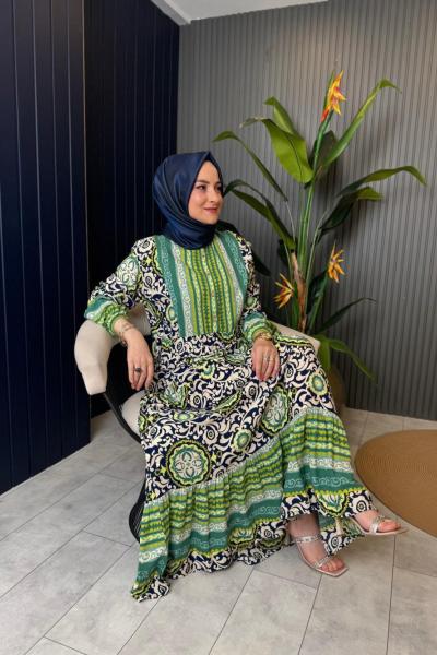 Batik Desen Yarım Düğmeli Fırfırlı Viskon Elbise