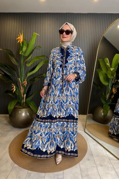 Batik Desen Belden Düğmeli Viskon Elbise