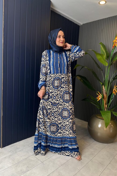 Batik Desen Yarım Düğmeli Fırfırlı Viskon Elbise