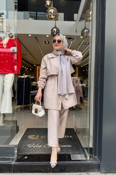 Bel Büzgülü Keten Kupra Pantolon Takım