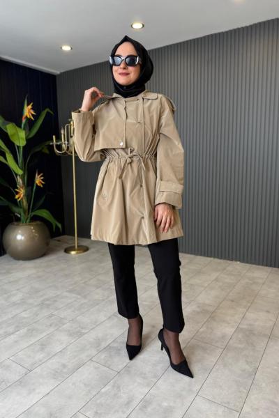 Belden Büzgülü Kısa Trençkot