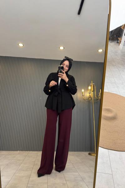 Beli Düz Lastikli Bambu Pantolon