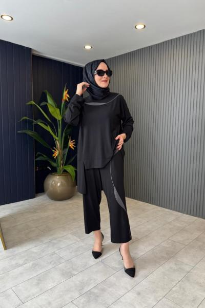 Biye Detaylı Şalvar Bambu Pantolon Takım