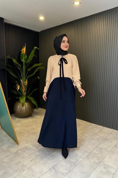 Blok Renkli Krep Elbise Lacivert