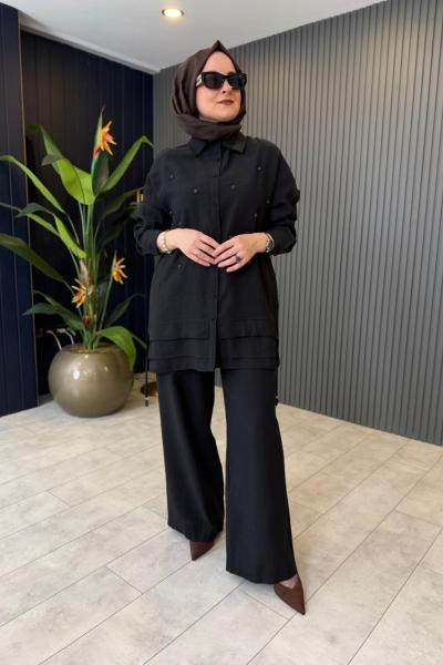 Boncuk İşlemeli Keten Pantolon Takım