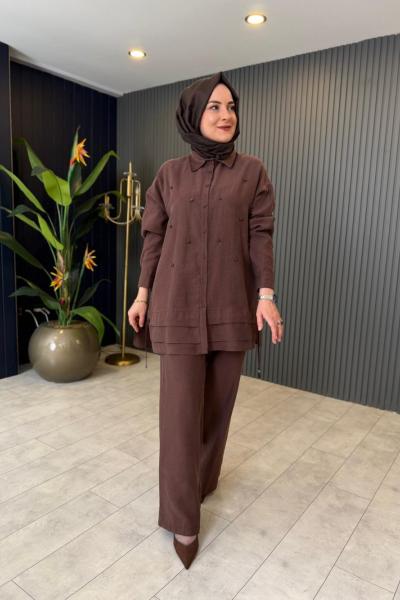 Boncuk İşlemeli Keten Pantolon Takım