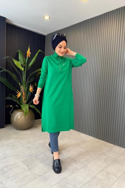 Broş Detaylı Tunik Yeşil