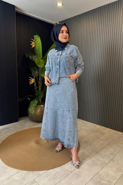 Cebi Taş Detaylı Kot Etekli Takım