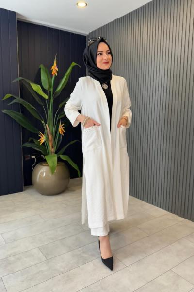 Cep Taş Detaylı Keten Pontolonlu Takım