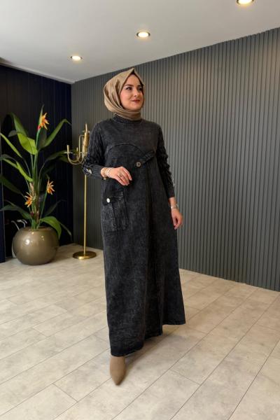 Cepli Düğme Detaylı Kot Elbise