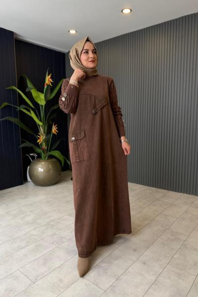 Cepli Düğme Detaylı Kot Elbise