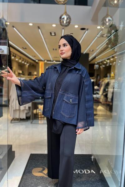 Ceremony Fileli Kısa Kot Ceket Mavi