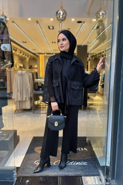 Ceremony Fileli Kısa Kot Ceket Siyah