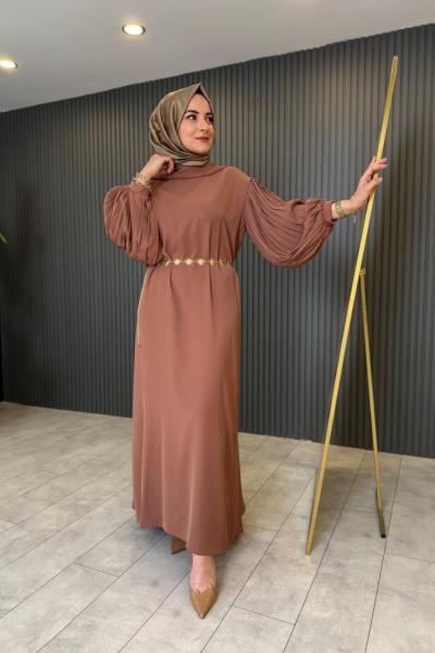 Ceremony Kolları Dik Lamarca Elbise Kakao