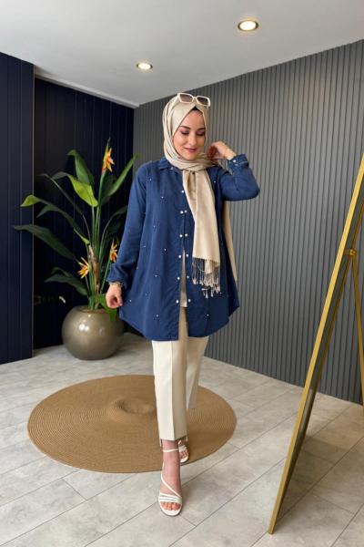 Çiçek İşlemeli Tencel Gömlek