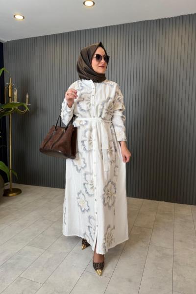 Çiçek Payetli Keten Elbise