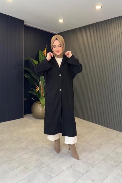 Çift Düğmeli Cepli Kap Siyah