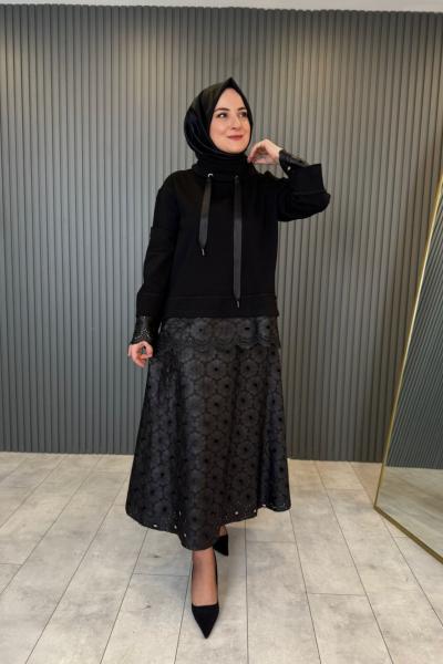 Deri Dantel Detaylı Etekli Takım