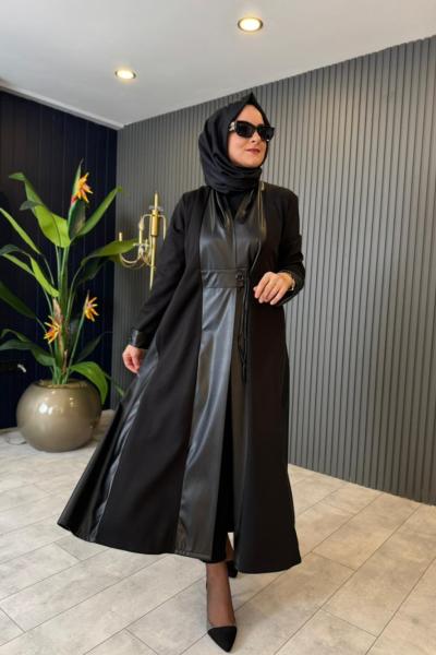 Deri Detaylı Belden Bağlamalı Kap