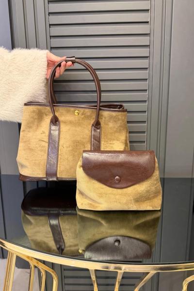 Deri Detaylı Nubuk Çanta