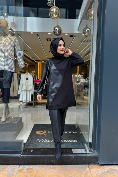 Deri Garni Sweat Pantolon Takım Siyah