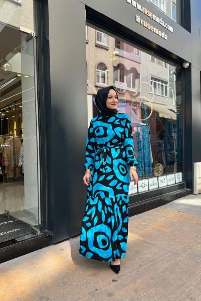 Desenli C Yaka Elbise