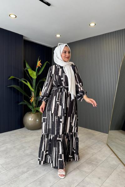 Desenli Keten Elbise