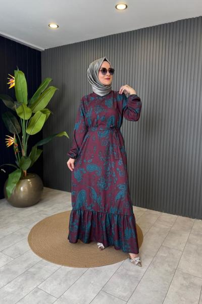 Desenli Kuşak Detaylı Elbise