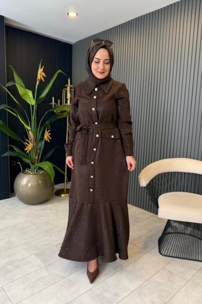 Düğme Detaylı Jakar Elbise