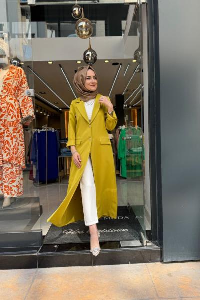 Düğmeli Uzun Krep Ceket