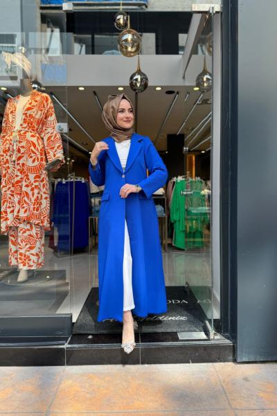 Düğmeli Uzun Krep Ceket