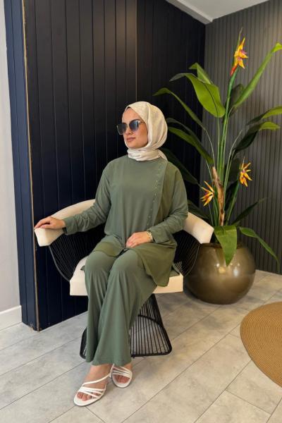 Etek Ucu Şifon Detaylı Bol Paça Sandy Pantolon Takım