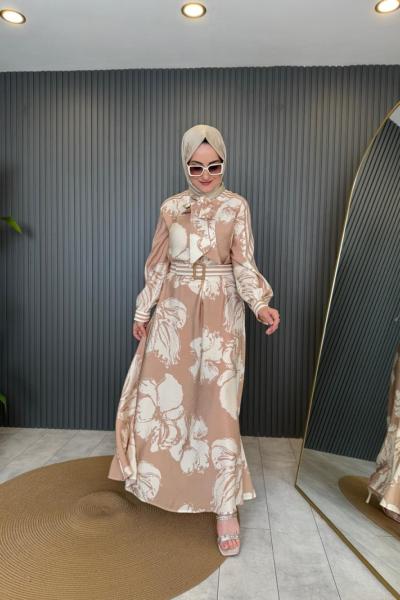 Fularlı Beli Kemerli Elbise