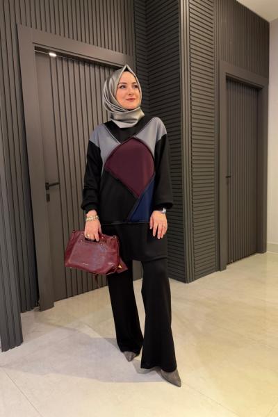 Geometrik Desenli Pantolonlu Takım