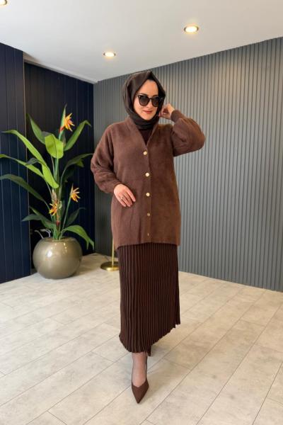 Gold Düğmeli Angora Peluş Hırka