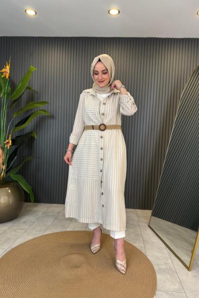 İnçe Çizgili Keten Uzun Gömlek