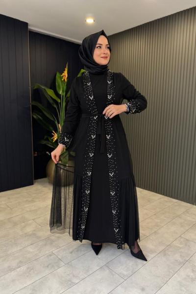 İncili Tüllü Taşlı Abaya Siyah